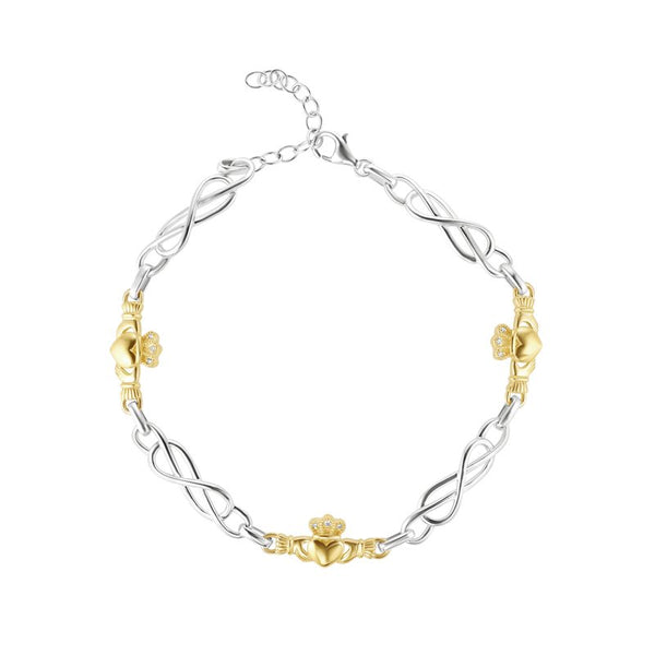 Pulsera Claddagh con Eslabones de Diamantes de Oro de 10k y Plata de Ley