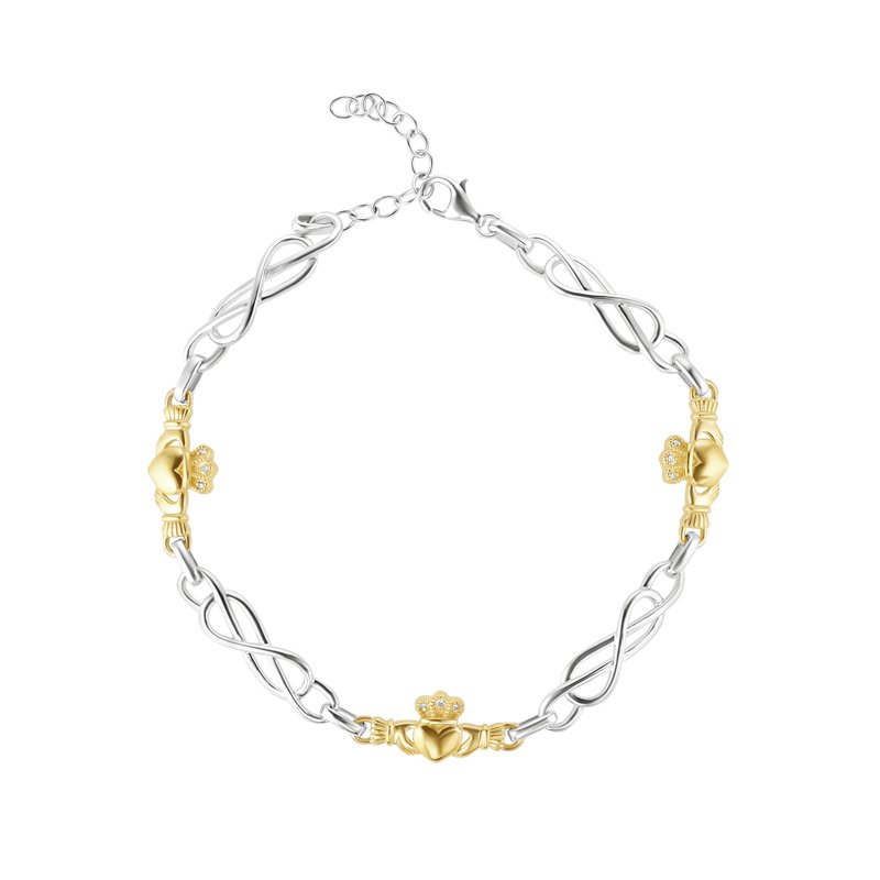Pulsera Claddagh con Eslabones de Diamantes de Oro de 10k y Plata de Ley
