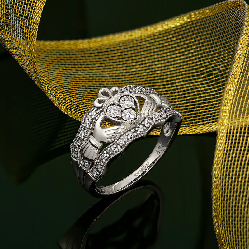 14K White Gold Diamond Irish Claddagh Ring