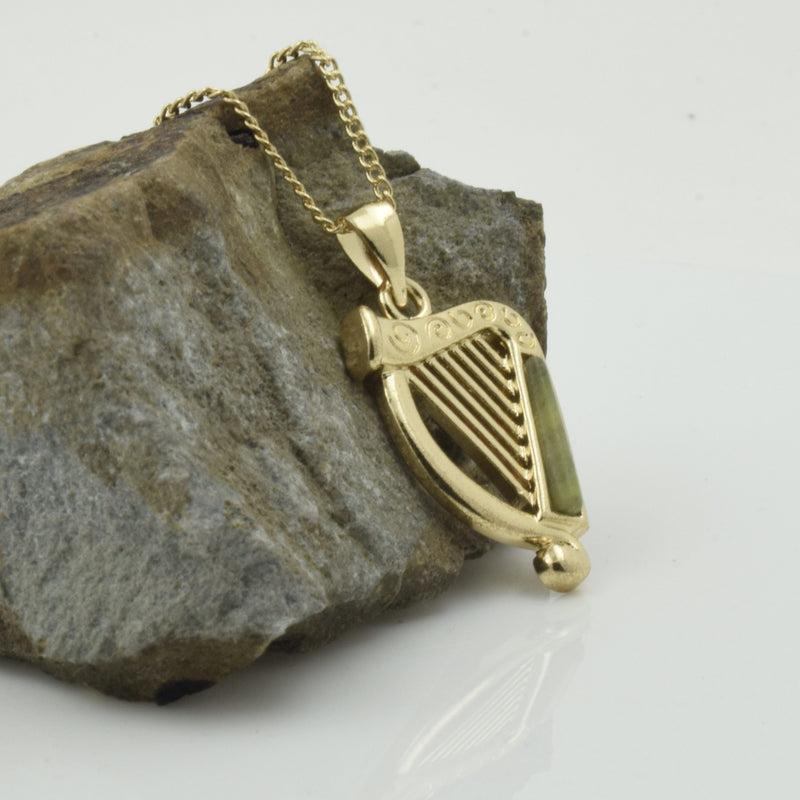 Gold Plated Connemara Marble Harp Pendant Necklace