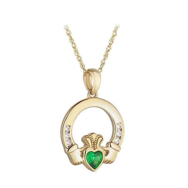 Collar Corazón Claddagh en Oro de 9k con Circonita Verde