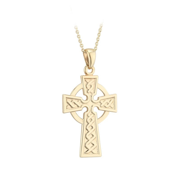18K GOLD EMBOSSED CELTIC CROSS PENDANT ON 18-INCH CABLE LINK CHAIN