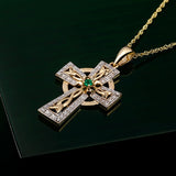 14K GOLD DIAMOND & EMERALD CELTIC CROSS NECKLACE