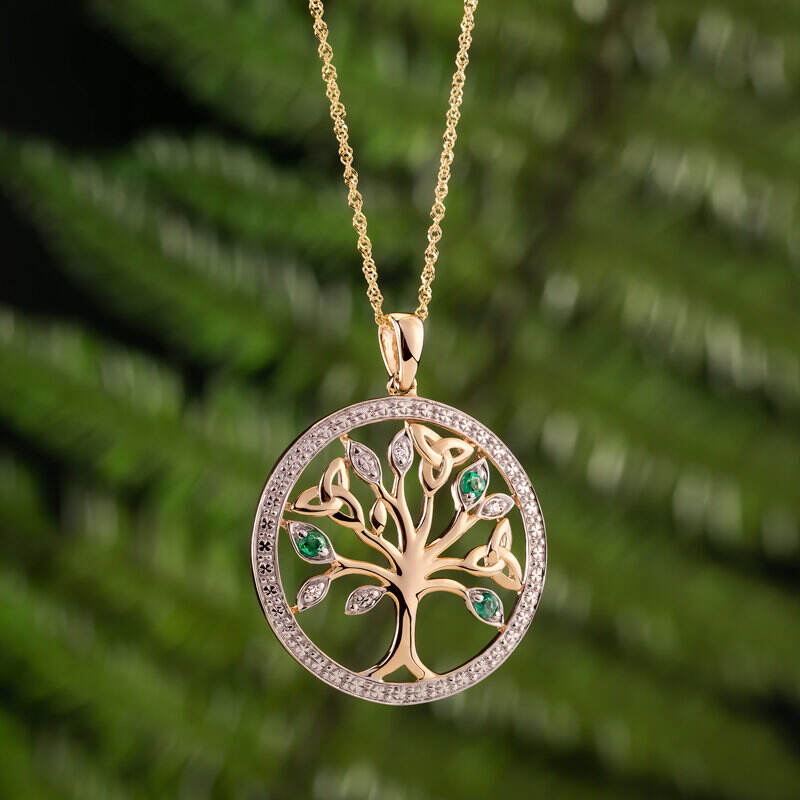 14K GOLD DIAMOND & EMERALD IRISH TREE OF LIFE NECKLACE