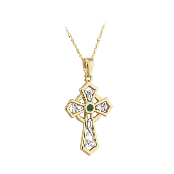 14K TWO TONE GOLD EMERALD CROSS PENDANT