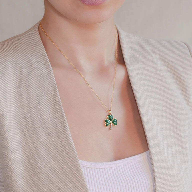 14K Gold Diamond Malachite Shamrock Necklace