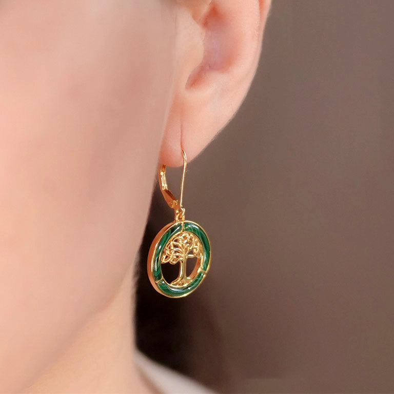 14K Gold Vermeil Drop Malachite Celtic Tree of Life Earrings
