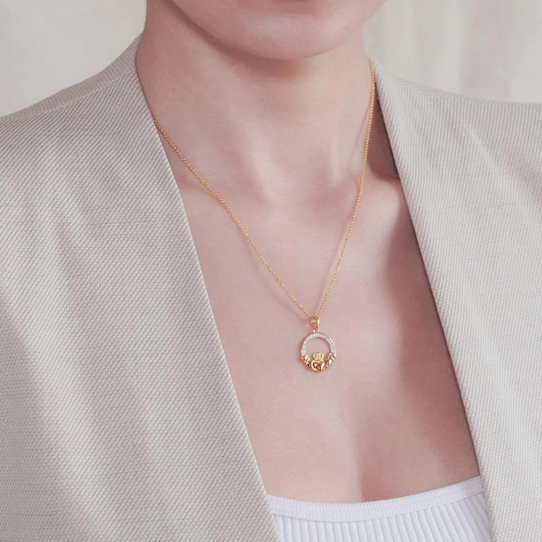 14K Gold Vermeil Large Claddagh Necklace Studded with White Cubic Zirconias