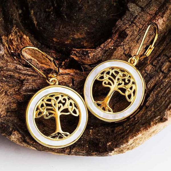 Pendientes de árbol celta de la vida con nácar en vermeil de oro de 14 quilates