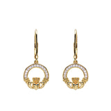 14KT Gold Vermeil Drop Claddagh Earring Studded with White Cubic Zirconias