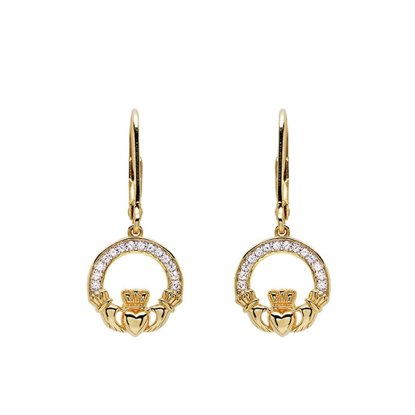 14KT Gold Vermeil Drop Claddagh Earring Studded with White Cubic Zirconias