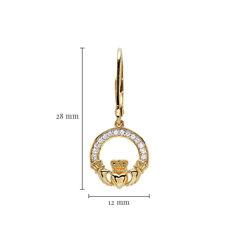 Pendiente de Claddagh colgante de vermeil de oro de 14 quilates con circonitas cúbicas blancas