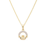 14K Gold Vermeil Claddagh Necklace Studded with White Cubic Zirconias