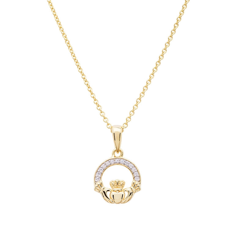14K Gold Vermeil Claddagh Necklace Studded with White Cubic Zirconias