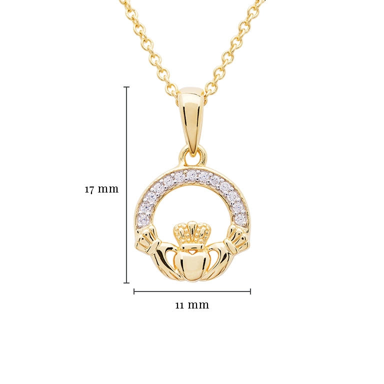 14K Gold Vermeil Claddagh Necklace Studded with White Cubic Zirconias