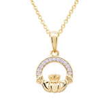 14KT Gold Vermeil Claddagh Necklace Studded with White Cubic Zirconias