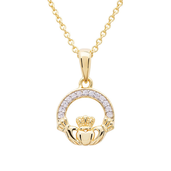 14KT Gold Vermeil Claddagh Necklace Studded with White Cubic Zirconias