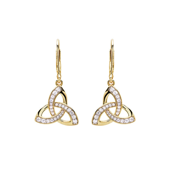 Pendientes de nudo de la trinidad colgantes de vermeil de oro de 14K con circonitas cúbicas blancas