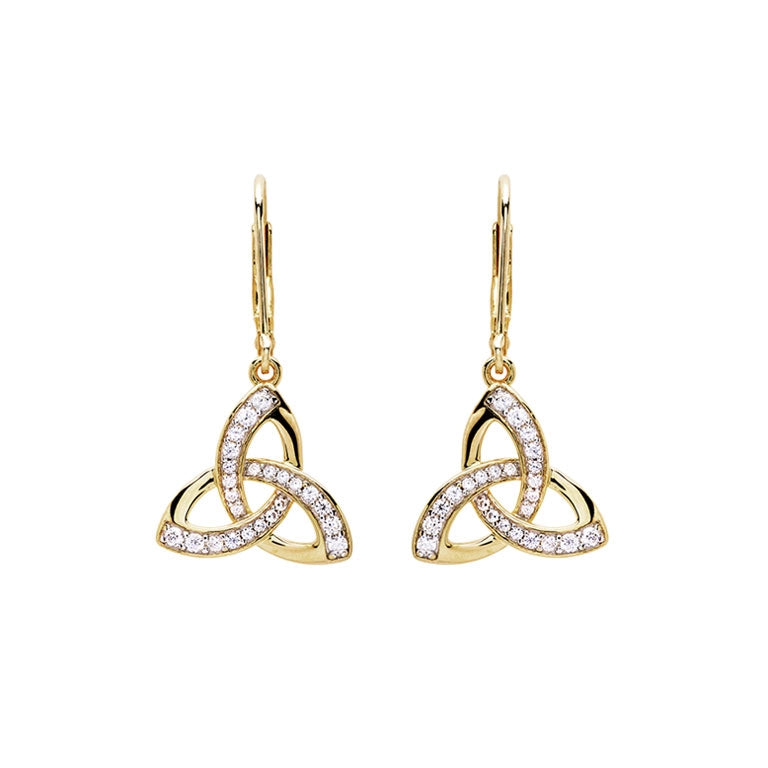 Pendientes de nudo de la trinidad colgantes de vermeil de oro de 14K con circonitas cúbicas blancas