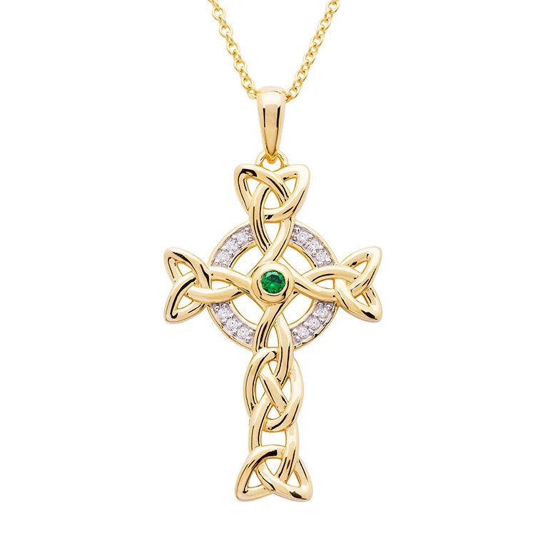 14KT Gold Celtic Cross Necklace with White Crystals