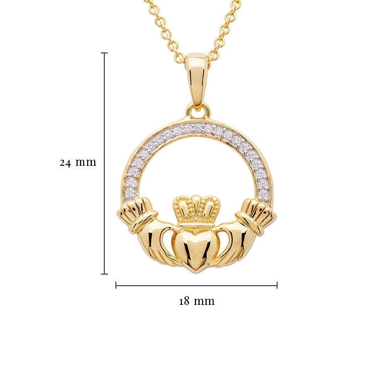 14K Gold Vermeil Large Claddagh Necklace Studded with White Cubic Zirconias