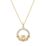 14K Gold Vermeil Large Claddagh Necklace Studded with White Cubic Zirconias