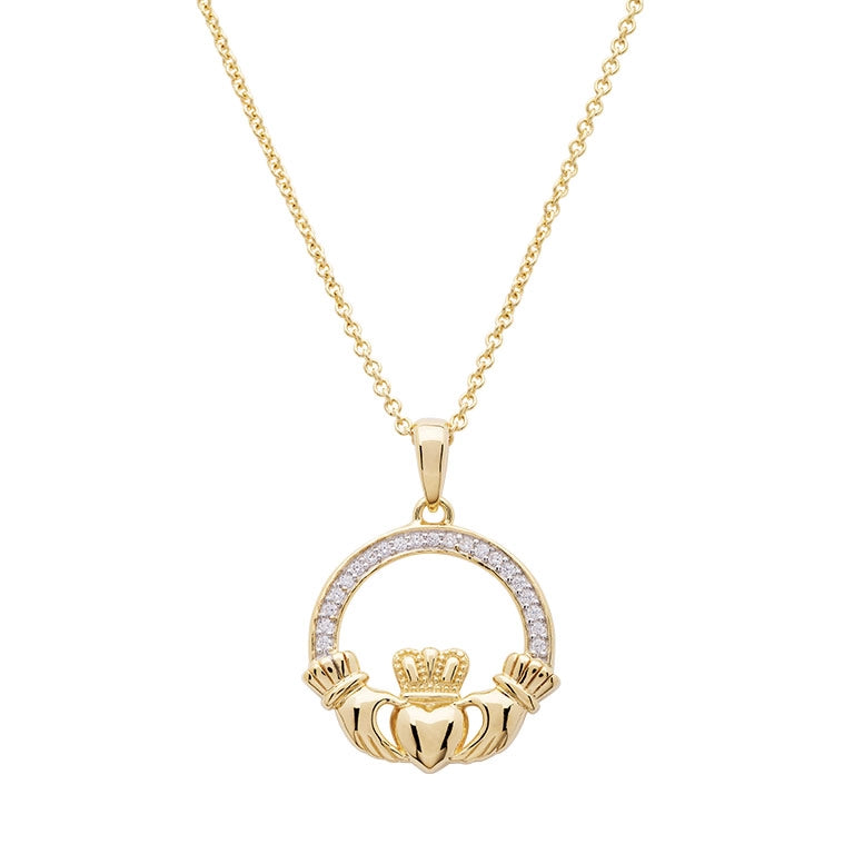 14K Gold Vermeil Large Claddagh Necklace Studded with White Cubic Zirconias