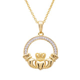 14K Gold Vermeil Large Claddagh Necklace Studded with White Cubic Zirconias