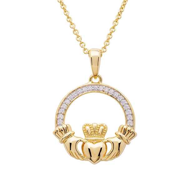 14K Gold Vermeil Large Claddagh Necklace Studded with White Cubic Zirconias