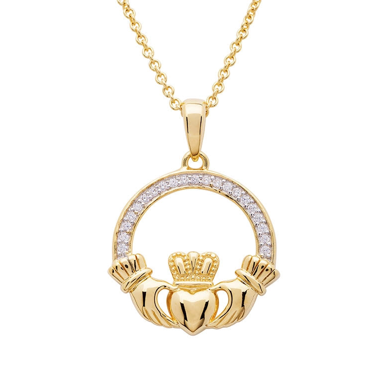 14K Gold Vermeil Large Claddagh Necklace Studded with White Cubic Zirconias