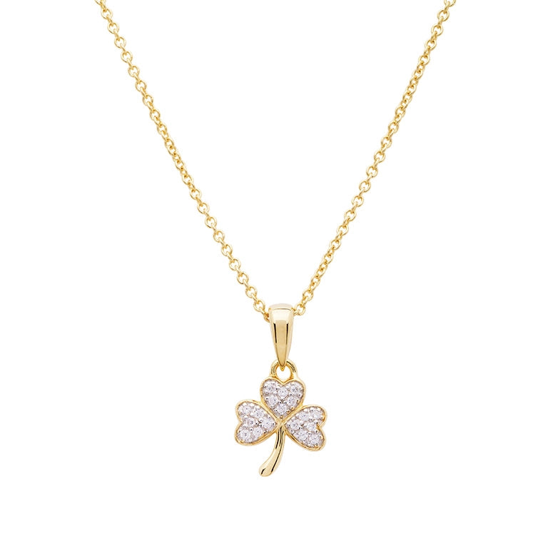14K Gold Vermeil Shamrock Necklace Studded with White Cubic Zirconias