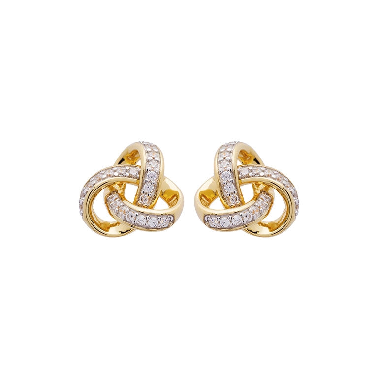 14K Gold Vermeil Stud Celtic Knot Earrings Adorned with White Cubic Zirconias