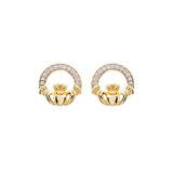 14KT Gold Vermeil Stud Claddagh Earrings Adorned with White Cubic Zirconias