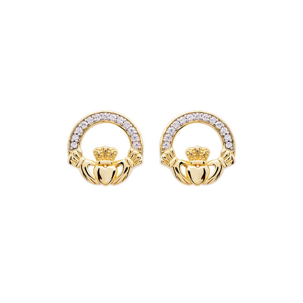 14KT Gold Vermeil Stud Claddagh Earrings Adorned with White Cubic Zirconias