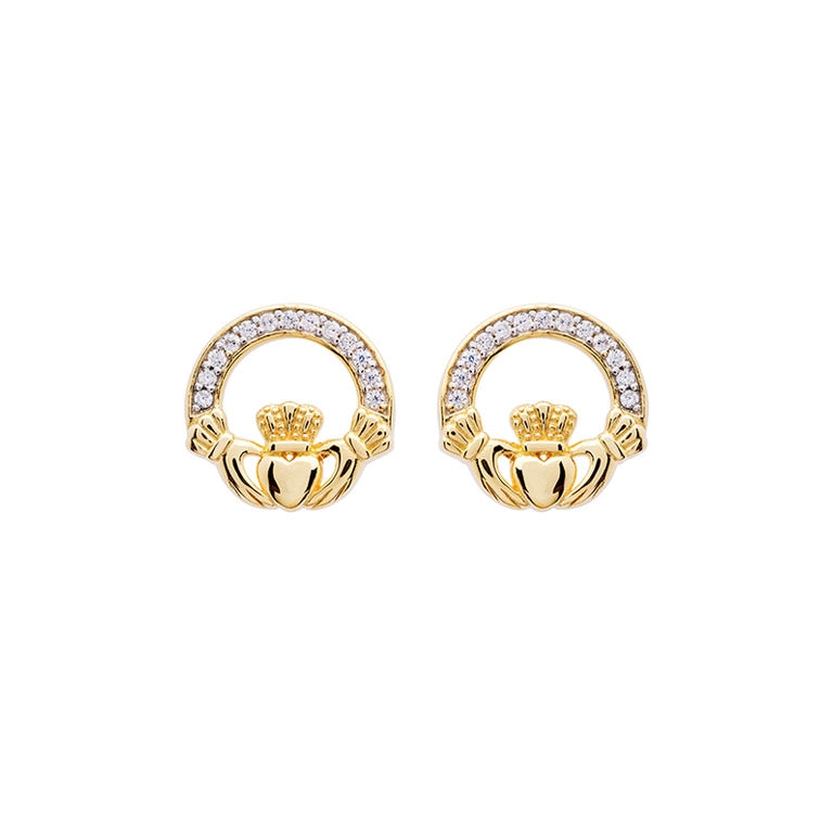 14KT Gold Vermeil Stud Claddagh Earrings Adorned with White Cubic Zirconias