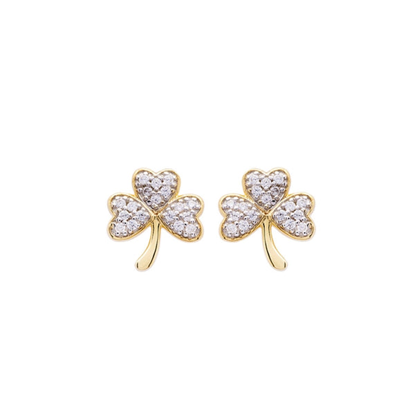 14KT Gold Vermeil Stud Shamrock Earrings Adorned with White Cubic Zirconias