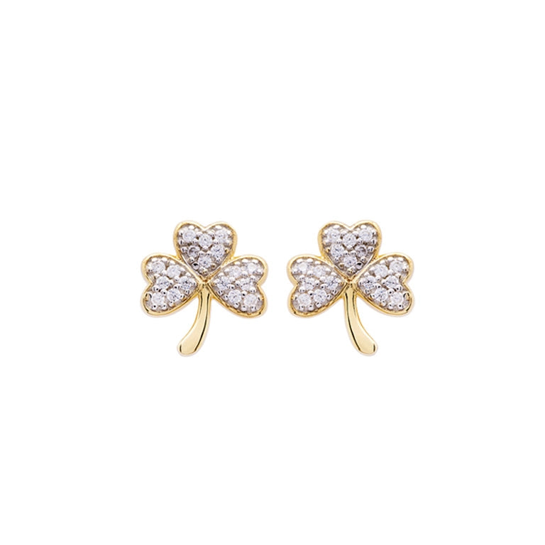 14KT Gold Vermeil Stud Shamrock Earrings Adorned with White Cubic Zirconias