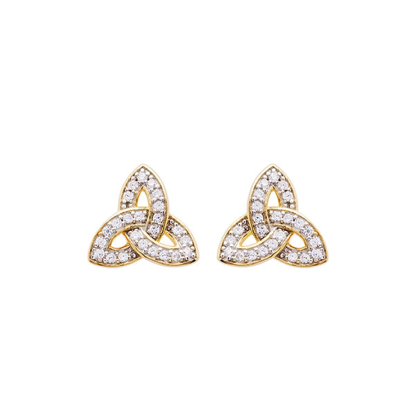 14K Gold Vermeil Stud Trinity Knot Earrings Adorned with White Cubic Zirconia