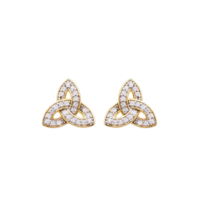 14K Gold Vermeil Stud Trinity Knot Earrings Adorned with White Cubic Zirconia