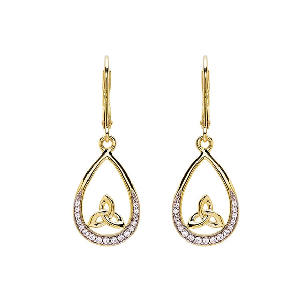 14KT Gold Vermeil Tear Drop Trinity Knot Earrings Studded with White Cubic Zirconias
