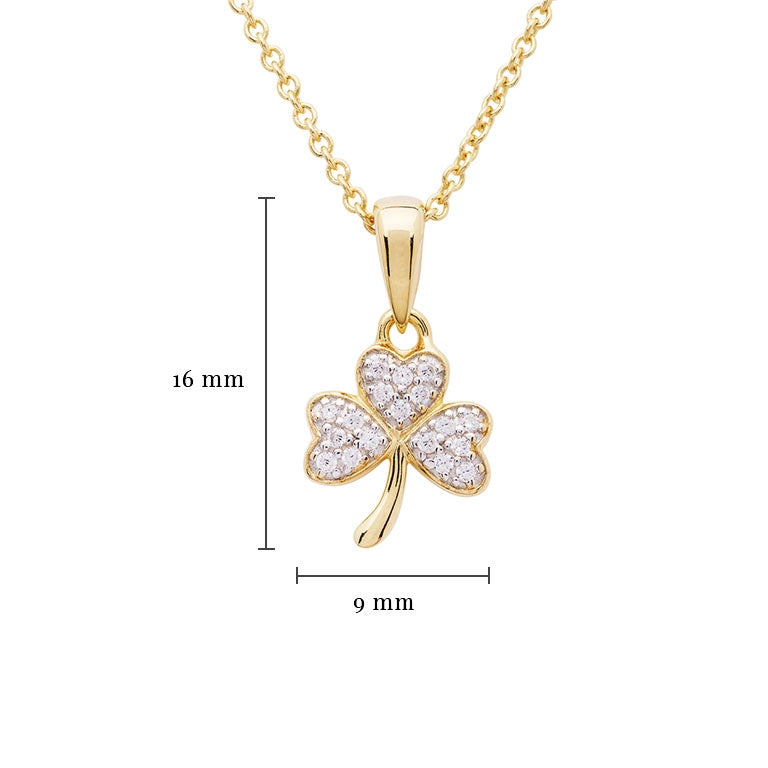 14K Gold Vermeil Shamrock Necklace Studded with White Cubic Zirconias