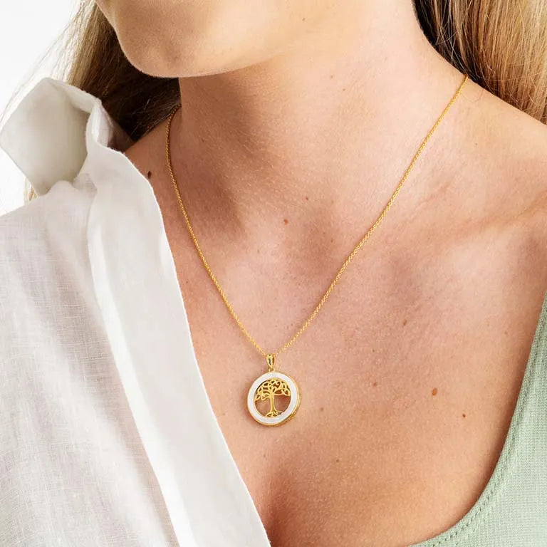 Collar de árbol celta de la vida en vermeil de oro de 14 kt y nácar