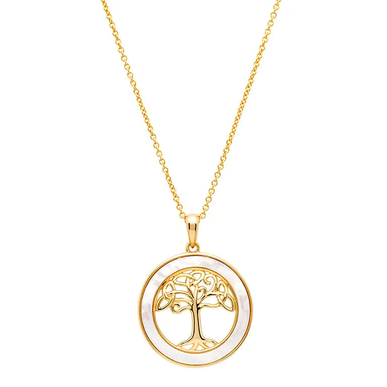 Collar de árbol celta de la vida en vermeil de oro de 14 kt y nácar