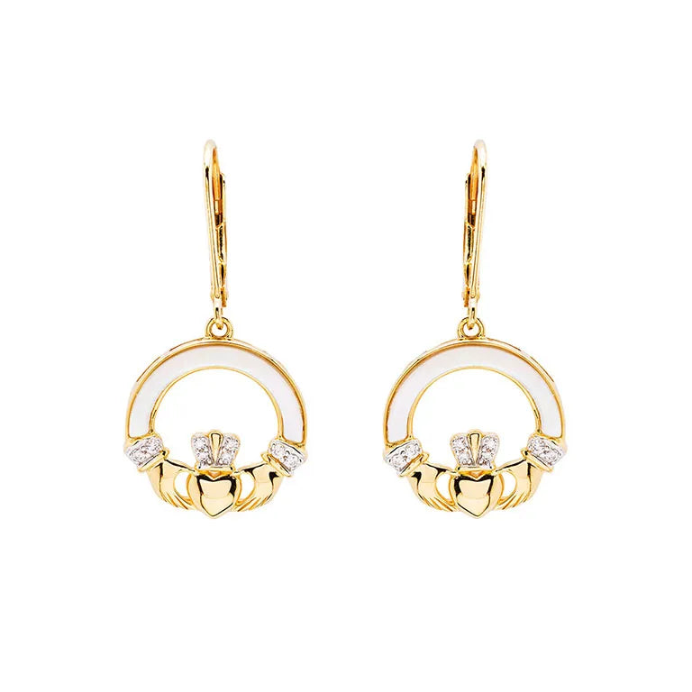 14kt Gold Vermeil Mother of Pearl Claddagh Earrings with White Cubic Zirconia