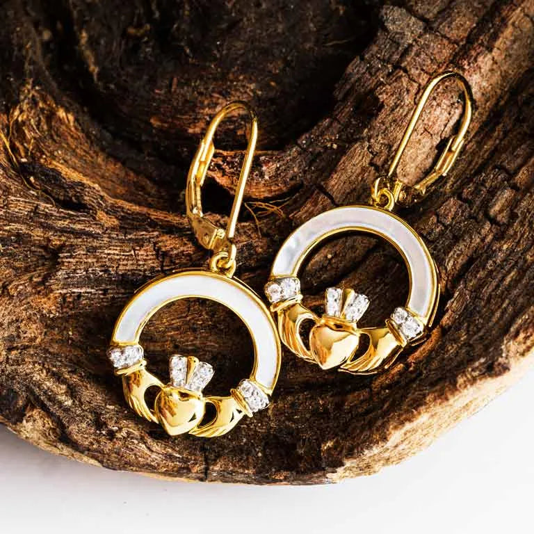 14kt Gold Vermeil Mother of Pearl Claddagh Earrings with White Cubic Zirconia