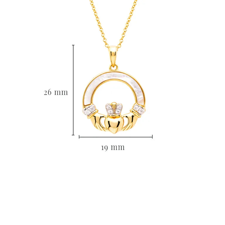 Collar Claddagh de Nácar con Zirconia Cúbica Blanca de Vermeil de Oro de 14 kt