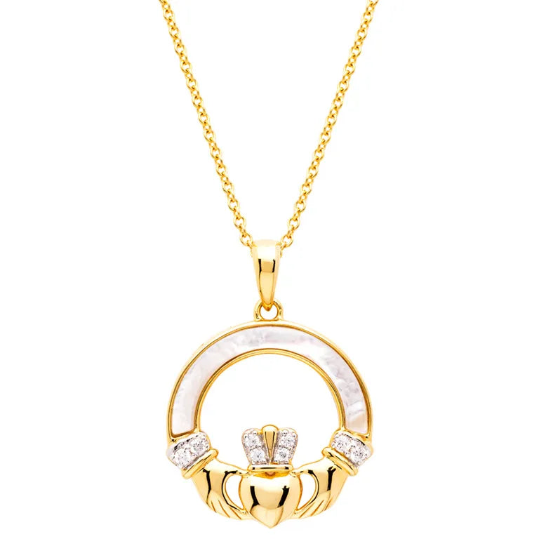 Collar Claddagh de Nácar con Zirconia Cúbica Blanca de Vermeil de Oro de 14 kt