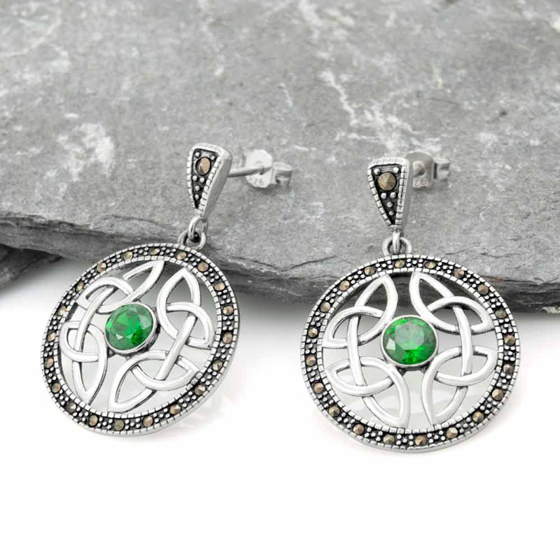 Sterling Silver Celtic Knotwork Earrings with Emerald