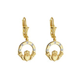 Pendientes colgantes Claddagh de oro de 14k con diamantes engastados al ras