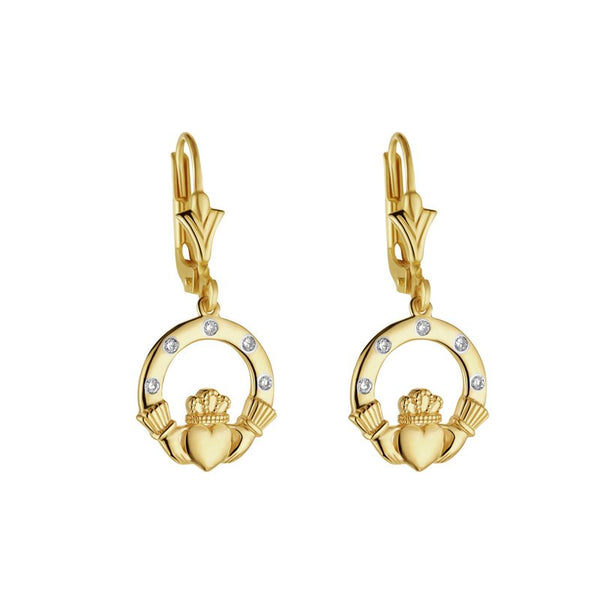 Pendientes colgantes Claddagh de oro de 14k con diamantes engastados al ras